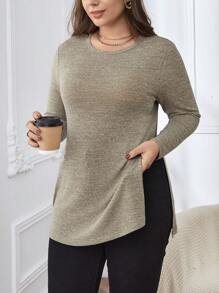 SHEIN Essnce Của phụ nữ Kích thước lớn Bên Khe Tay áo dài Áo thun - Màu Khaki - Xem 1