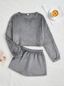 青少年女孩素色法蘭絨睡衣套裝 - 灰色 - 查看 1