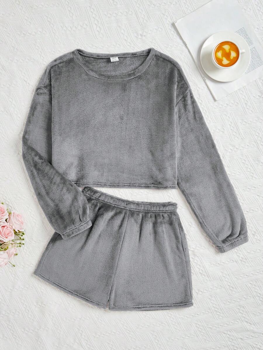 青少年女孩素色法蘭絨睡衣套裝 - 灰色 - 查看 1