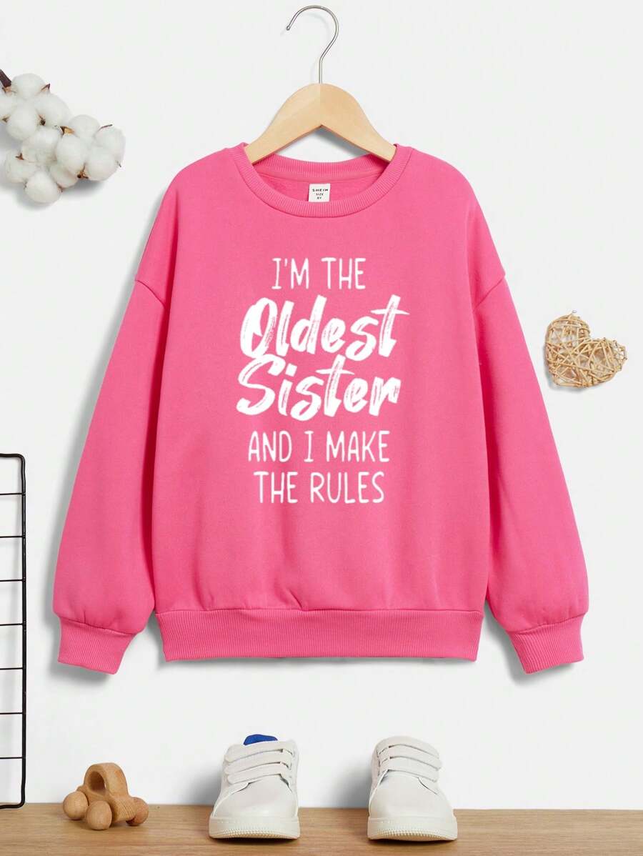 SHEIN 少女休閒字母印花長袖圓領運動衫,適合秋冬季節 - 玫紅色 - 查看 1