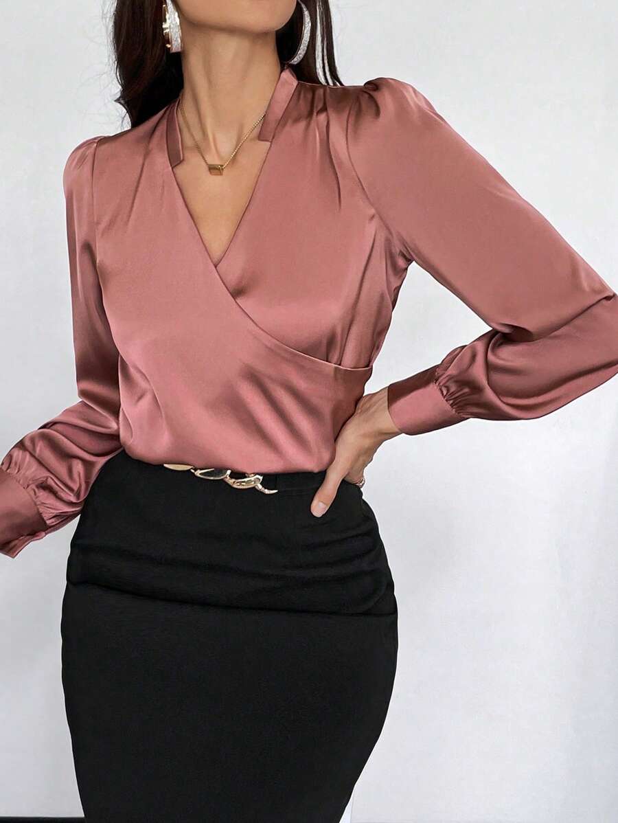 SHEIN Privé Solid Surplice Neck Puff Sleeve Blouse - Dusty Pink - View 1