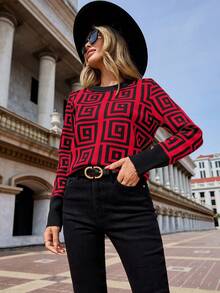 SHEIN Clasi 女性幾何樣式套頭毛衣 - 紅色 - 查看 4