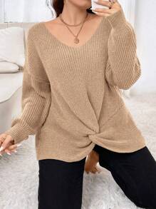 Calvaya Hơn Mặt trước xoắn Thả vai Áo len - Màu Khaki - Xem 1