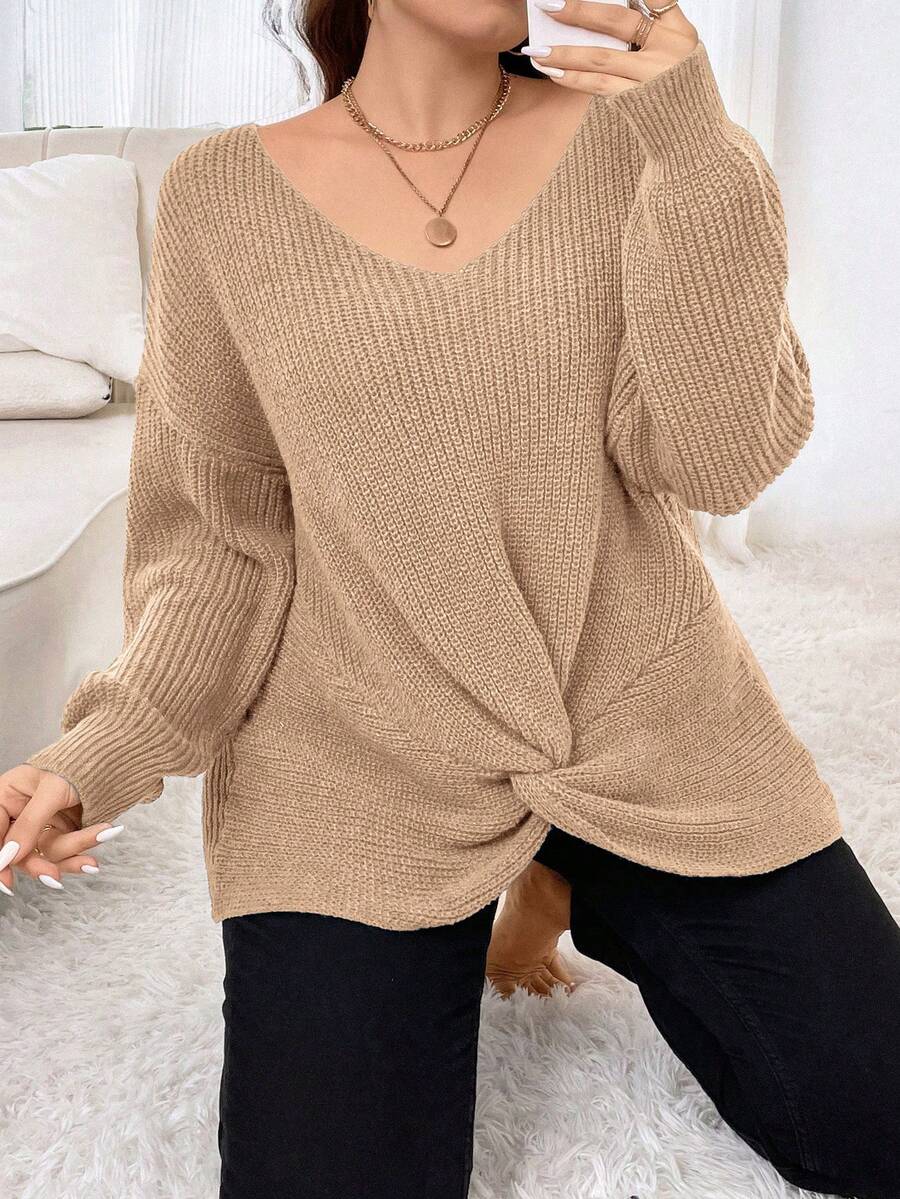 Calvaya Hơn Mặt trước xoắn Thả vai Áo len - Màu Khaki - Xem 1