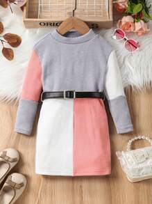 SHEIN Young Girl Color Block Mock Neck Belted Dress - Pink - View 1