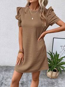 SHEIN Clasi Solid Ruffle Trim Dress Puff Sleeve Dresspuff Dresskhaki Dressdress Mochashort Sleeve Dress - Brown - View 3