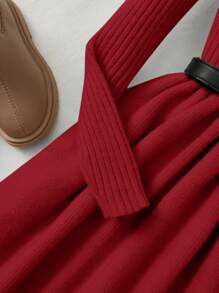 SHEIN Tween Girl Solid Ribbed Knit Dress Without Belt - Burgundy - View 4