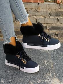 女士时尚圆头厚底雪地靴，中筒毛领靴，系带虎口设计，波浪纹橡胶鞋底，适合日常穿着、户外雪地活动、办公室装扮，舒适保暖，秋冬季百搭雪地靴 - 藏蓝色 - 查看 7