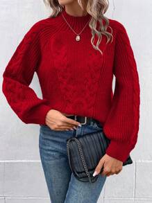 SHEIN LUNE Jersey Con Manga Raglán Y Decoración De Cable Tejido Para Mujer - Rojo - Ver 3