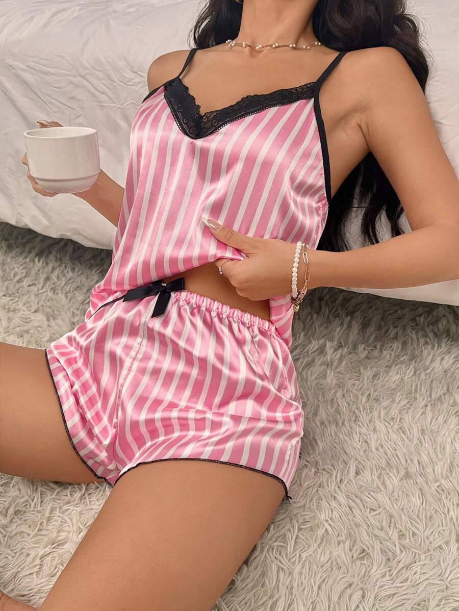 SHEIN 女士撞色蕾丝条纹吊带上衣和短裤睡衣套装 - 粉色 - 查看 1