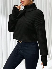 SHEIN Essnce Ladies' Solid Color High Neck Drop Shoulder T-shirt - Black - View 4