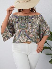 SHEIN VCAY Plus Size Peplum Paisley Print Off Shoulder Blouse - Multicolor - View 1