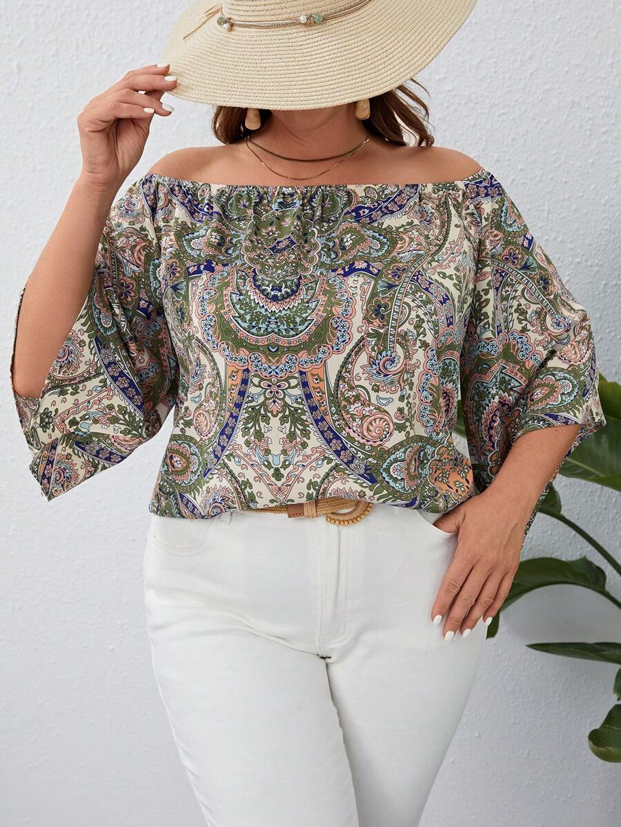 SHEIN VCAY Plus Size Peplum Paisley Print Off Shoulder Blouse - Multicolor - View 1