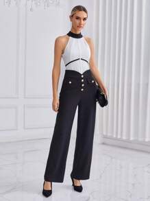 SHEIN Privé 不對稱腰帶前紐扣直筒長褲 - 黑色 - 查看 3