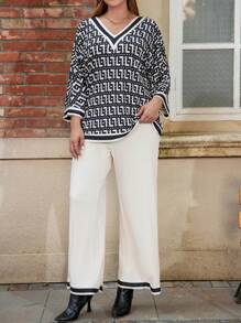 SHEIN LUNE Kích thước lớn Của phụ nữ In Áo & Dây rút Quần ống rộng Bộ - Nhiều màu - Xem 1