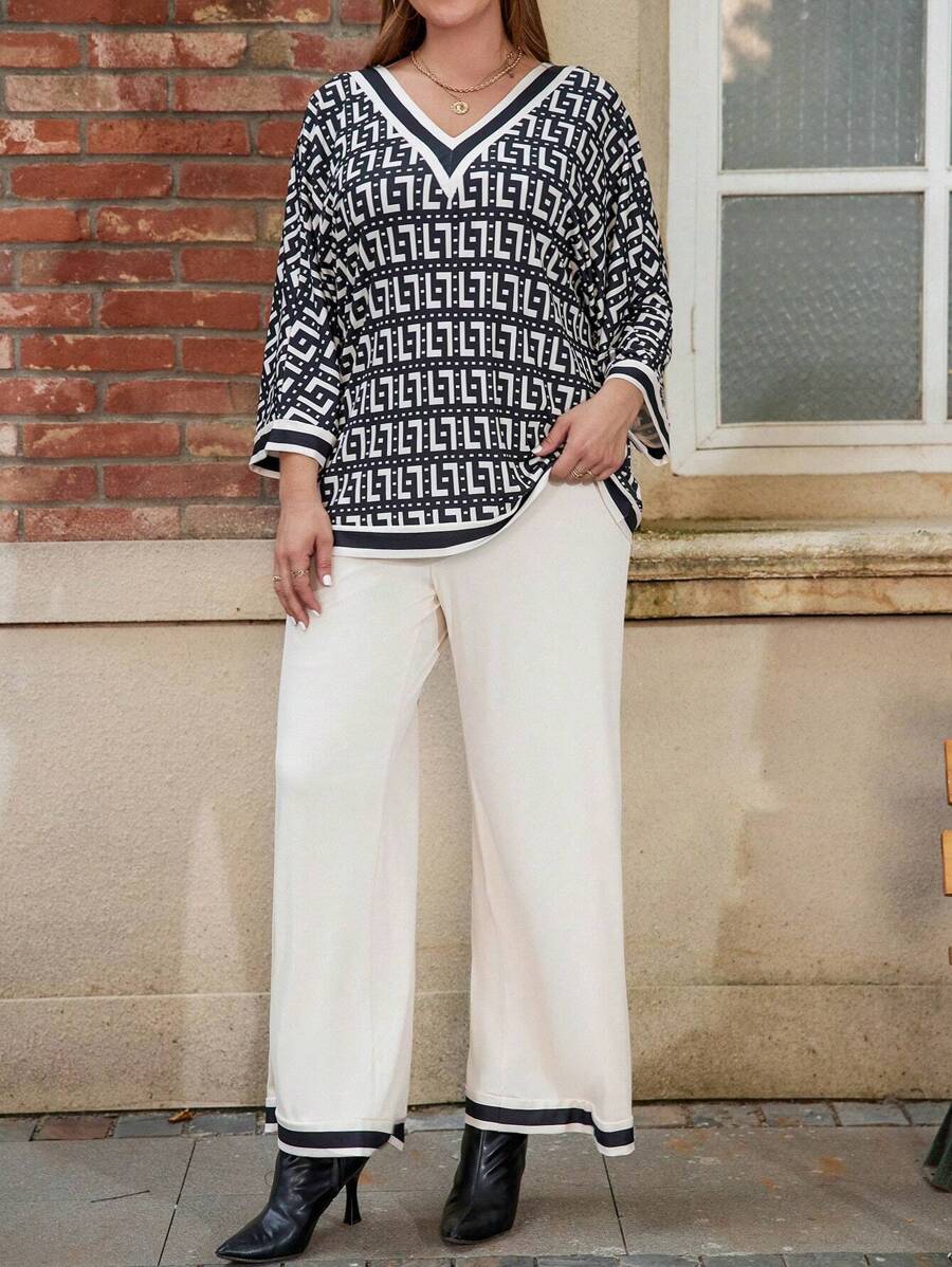 SHEIN LUNE Kích thước lớn Của phụ nữ In Áo & Dây rút Quần ống rộng Bộ - Nhiều màu - Xem 1