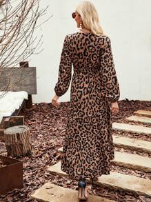 SHEIN VCAY Leopard Print Lantern Sleeve Ruffle Hem Dress - Khaki - View 2