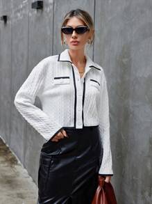 SHEIN Privé Women's Crop T-shirt With Shirt Collar, Color Blocking, Button Placket And Binding Detial - White - View 4