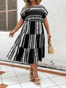 Breezaya Plus Geo Print Batwing Sleeve Ruffle Hem Dress - Black and White - View 3