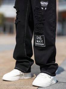 Manfinity Roghcode Men Cotton Cartoon Letter Patched Ripped Jeans Baggy Long Frayed Jean Cargo Plain Black Party Street Wear Rapper - Black - View 5