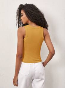 SHEIN BASICS Camiseta sin mangas casual de color liso con cuello redondo y textura acanalada para mujer, verano - Mostaza Amarilla - Ver 2