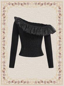 SHEIN DECDS 女式不对称领口和蕾丝边上衣 - 黑色 - 查看 8