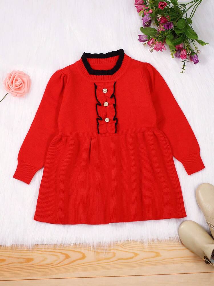Baby Girls' Mock Neck Lettuce Detail Knitted Sweater Dress