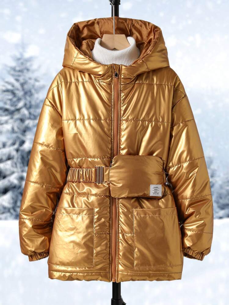 Tween Girls' Windproof And Warm Gold Long Sleeve Hooded Jacket With Waist Bag