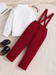 Conjunto De Niño Pequeño Con Camisa Blanca Sencilla Y Pantalones Rojos Con Tirantes, Atuendo De Caballero - Multicolor - Ver 2