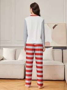 女士單詞條紋印花家居服套裝 - 彩色 - 查看 2