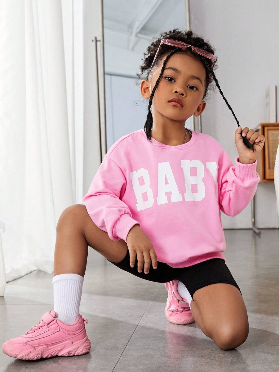 SHEIN Cô gái Thể thao Thả vai Lá thư In Áo nỉ - Hồng - Xem 1