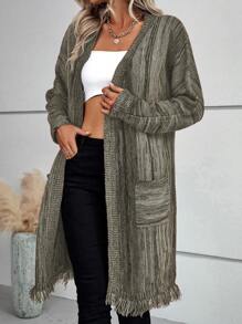 SHEIN LUNE 無扣長版針織開衫,織邊搭配多色毛線修飾 - 彩色 - 查看 6