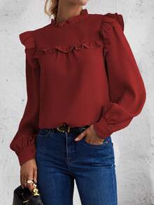 SHEIN LUNE 素色燈籠袖襯衫帶荷葉邊 - 酒紅色 - 查看 5