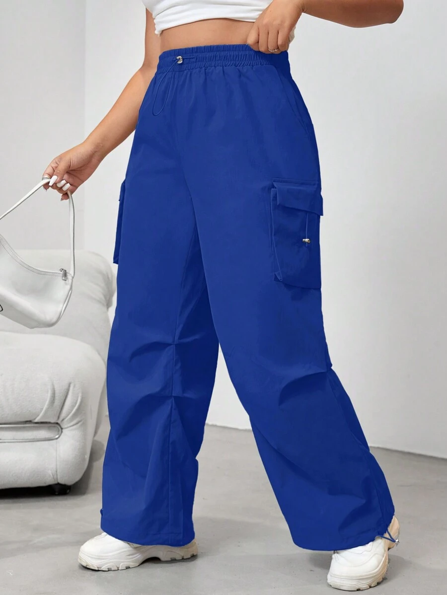 SHEIN EZwear 女裝大碼純色束腰寬腿褲 - 寶藍色 - 查看 1