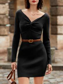 SHEIN Frenchy 女款純色正面扭褶 V 領長袖毛衣連身裙 - 黑色 - 查看 1