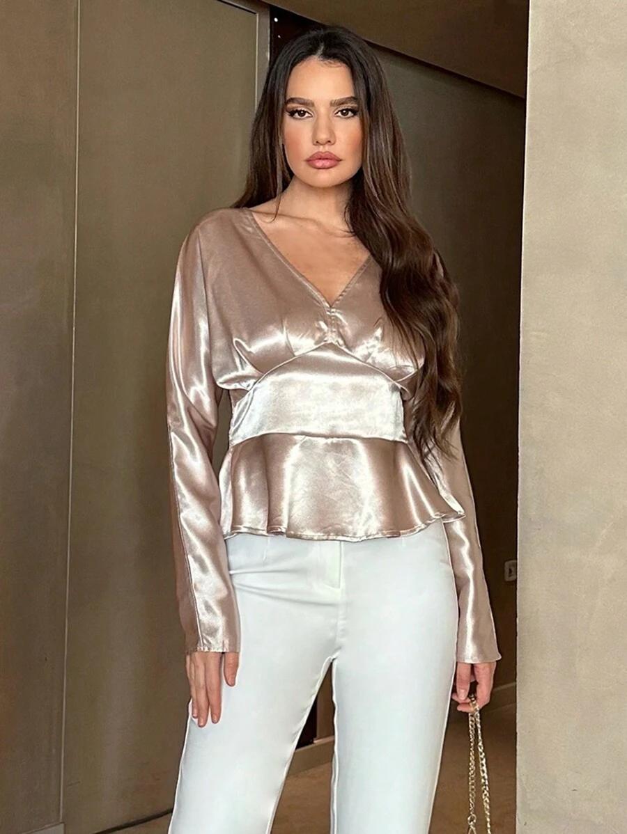 SHEIN Privé Surplice Neck Peplum Blouse - Apricot - View 1