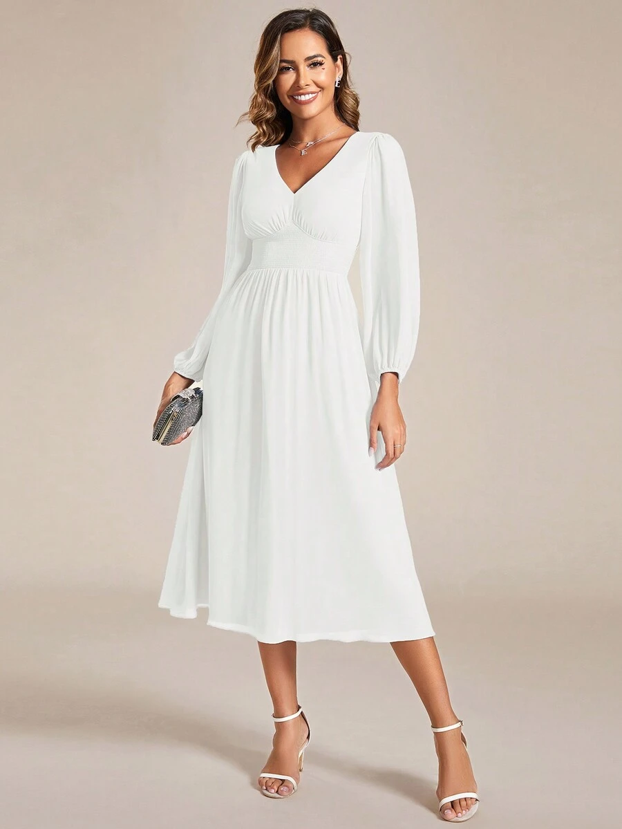 EVERPRETTY Elegantes Kurzes Brautkleid Mit V-ausschnitt Und Laternenärmeln - Weiss - Übersicht 1