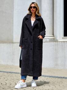 EURMUSE Lapel Neck Dual Pocket Teddy Coat - Grey - View 3