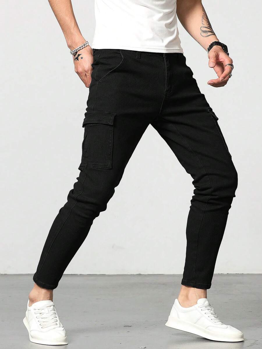 Manfinity Homme Men's Side Pocket Slim Fit Stretchy Jeans Pants - Black - View 1