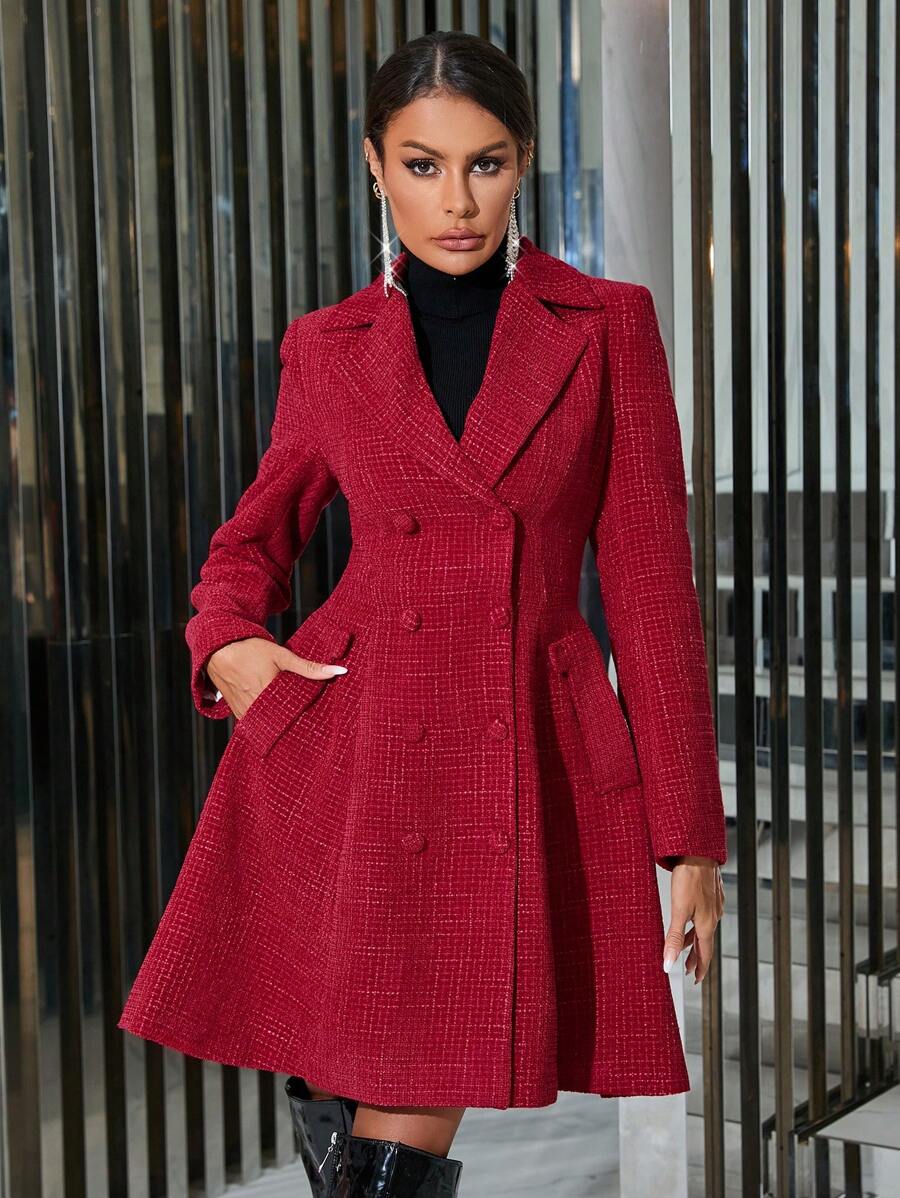SHEIN Clasi 女式双排扣长袖格子大衣 - 紅色 - 查看 1