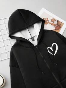 SHEIN Essnce Thả vai áo có mũ Lông cừu Áo nỉ Với dây rút - màu đen - Xem 7