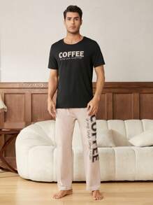 English Print Men's Short Sleeve And Long Pants Set - Black - View 5