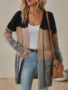 SHEIN Clasi 毛線編織拼接針織開衫 - 棕色 - 查看 7