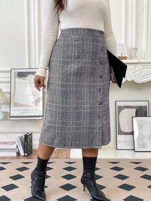 SHEIN Franclia Hơn In kẻ sọc Nút phía trước Váy - Màu xanh lam - Xem 5