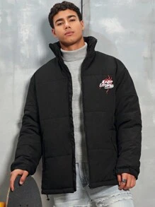 Manfinity Roghcode Men's Slogan Printed Long Sleeve Super Oversized Padded Coat - Black - View 2