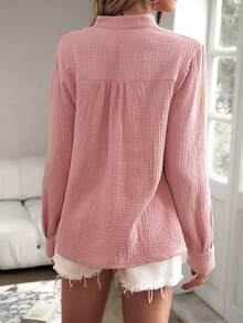 SHEIN VCAY 純色斜紋織紋長袖襯衫 - 藕粉色 - 查看 3