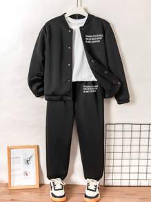 SHEIN 保暖襯裡大學風夾克和運動長褲 - 黑色 - 查看 1