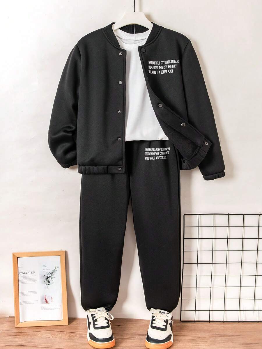 SHEIN 保暖襯裡大學風夾克和運動長褲 - 黑色 - 查看 1