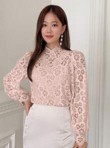 DAZY Stand Collar Puff Sleeve Shirt Long Sleeve Top - Pink - View 4