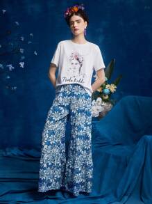 FURNANDA Frida Kahlo X SHEIN X Designer Figure Graphic Drop Shoulder Tee - White - View 5